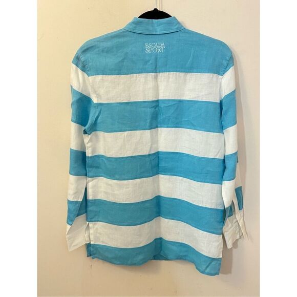 Escada Sport Aqua and White Striped Color Block Linen Button Down Blouse S - Picture 7 of 7